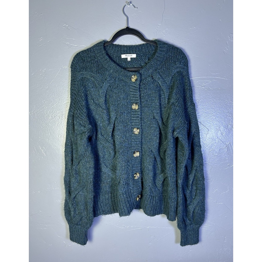 Madewell cable-knit cardigan classic crew Neck Chunky Cable Knit Size S Green